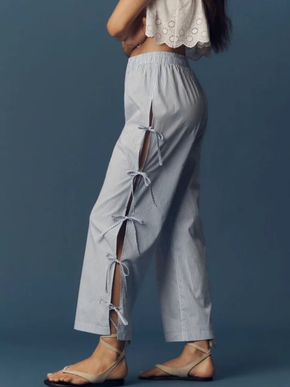 Lisa Says Gah Evelyn Pants Blue White Stripe Bows Lightweight Cotton S $230 - Picture 4 of 8